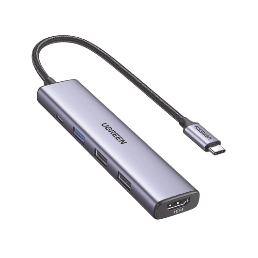 HUB USB-C (Docking Revodok) 5 en 1 | 1 USB-A 3.0 (5Gbps) | 2 USB-A 2.0 (5Gbps) | HDMI 2.0 4K@30Hz | USB-C PD Carga 100W | Cable Trenzado Duradero | Carcasa de Aluminio.