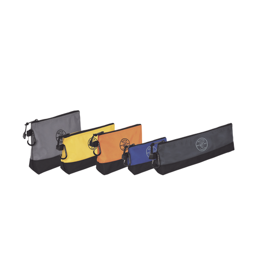 KIT 5 Bolsos Ultra Resistentes para Herramientas con Base y cierre Zipper, Colores: gris claro, amarillo, naranja, azul, gris oscuro. Todos con Mosquetones de Aluminio.