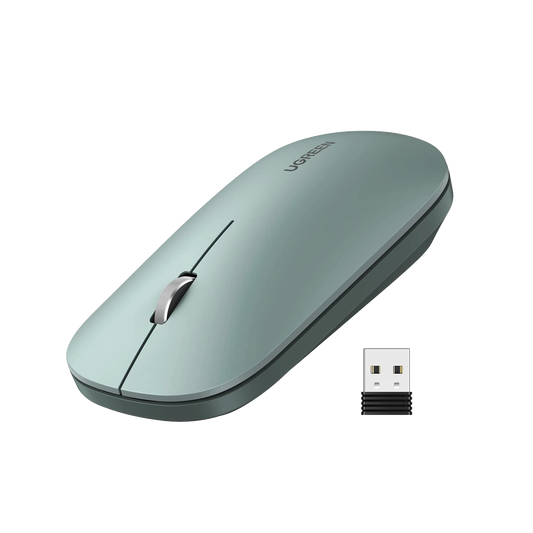 Mouse inalámbrico 2.4 GHz / Ultra Delgado y Silencioso / DPI 1000/1600/2000/4000 (Ajustable)  / Alcance 10m / Scroll de Aluminio / Adaptable a diferentes superficies / Diseño suave al tacto / Contiene Receptor USB / Color Verde