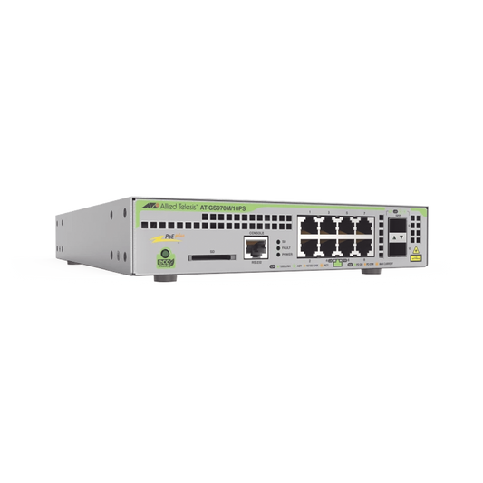 Switch PoE+ Administrable CentreCOM GS970M, Capa 3 de 8 Puertos 10/100/1000 Mbps + 2 SFP Gigabit, 124 W