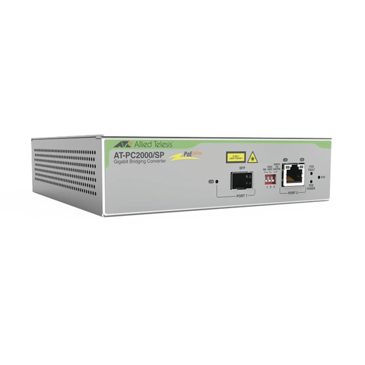 Convertidor de medios Gigabit Ethernet PoE+ a fibra óptica con puerto SFP Gigabit, la distancia y tipo de fibra óptica depende del transceptor
