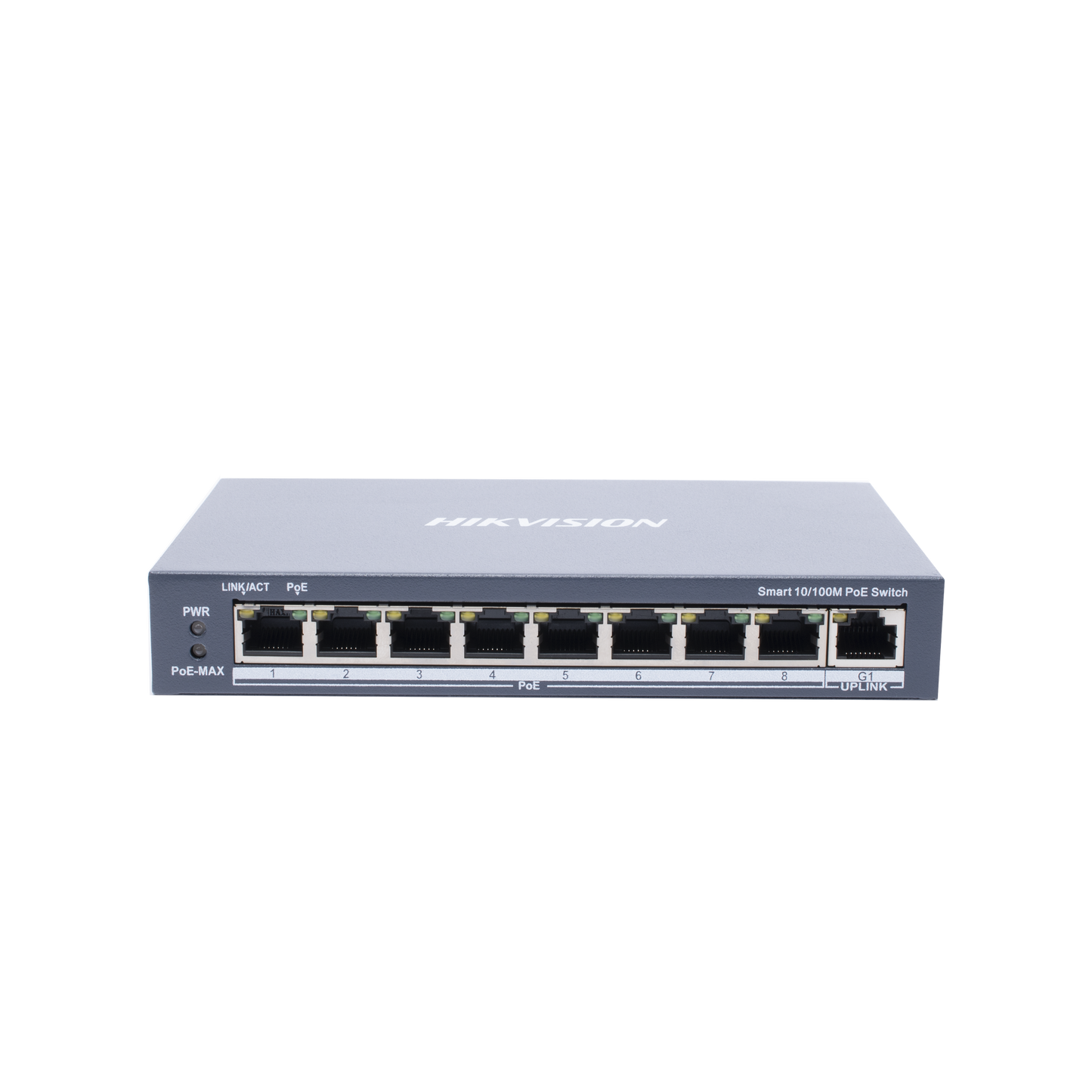 Switch Monitoreable PoE+ / 8 puertos 10/100 Mbps PoE+ / 1 puerto 10/100/1000 Mbps de Uplink / PoE hasta 250 metros / conexión remota desde Hik-ParnerPro / 110 W