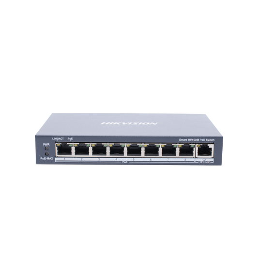 Switch Monitoreable PoE+ / 8 puertos 10/100 Mbps PoE+ / 1 puerto 10/100/1000 Mbps de Uplink / PoE hasta 250 metros / conexión remota desde Hik-ParnerPro / 110 W