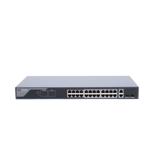 Switch Monitoreable PoE+ / 24 puertos 10/100 Mbps PoE+ / 2 puertos 10/100/1000 Mbps + 2 puertos SFP de Uplink / PoE hasta 250 metros / conexión remota desde Hik-PartnerPro / 370 W