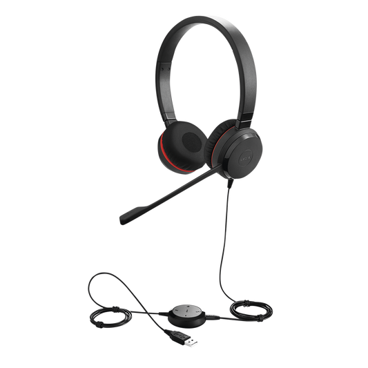 Jabra Evolve 30 Duo con conexión USB / 3.5mm, micrófono con cancelación de ruido y controlador en el cable con botones e indicadores LED (5399-823-309)