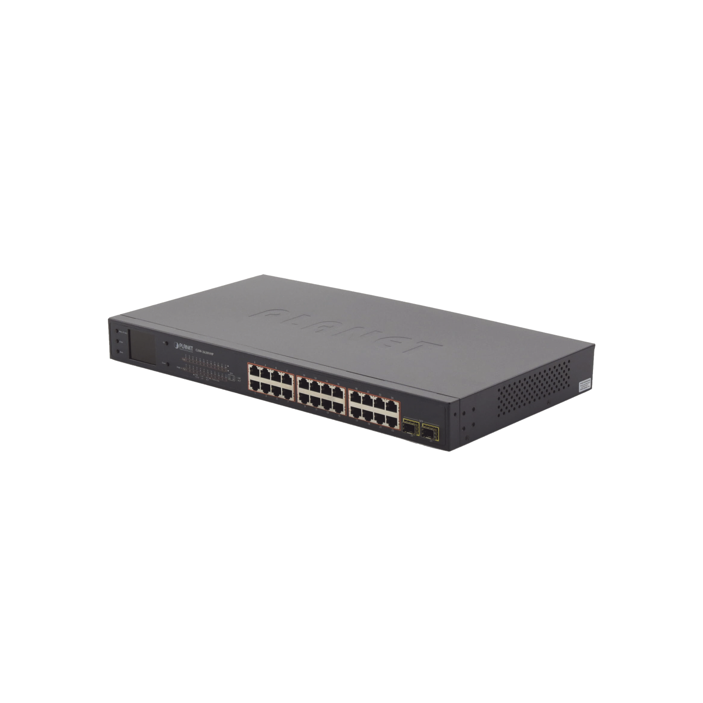 Switch PoE de 24 Puertos Gigabit 802.3af/at con Modo Extendido 250 m, 2 Puertos SFP 1000SX , Pantalla LCD para Configuración Básica, Hasta 300 W para PoE
