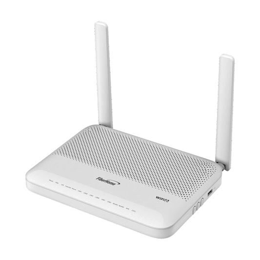 ONU GPON WiFi 6, Doble Banda 2.4/5 GHz , con 4 puertos Gigabit Ethernet + 2 POTS + 1 USB + 1 CATV (RF), conector SC/APC
