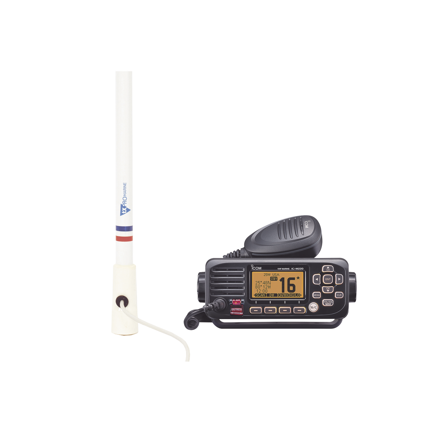 Kit de radio IC-M220 | mas antena marina de fibra de vidrio TX-5206-SYS y soporte para antena 4186