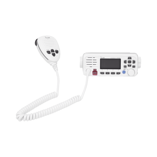 Radio móvil marino ICOM, color blanco, clase D DSC. Tx: 156.025 - 157.425 MHz, Rx: 156.050 - 163.275 MHz, 25W de potencia, sumergible IPX7 incluye micrófono y cable de alimentación