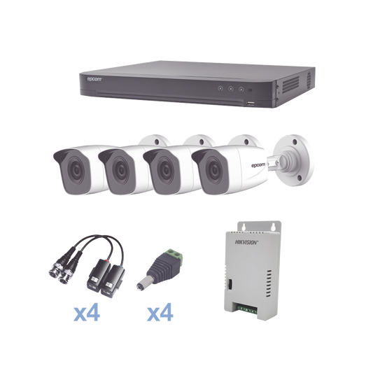 KIT TurboHD 1080p / DVR 4 Canales / 4 Cámaras Bala Metálicas (exterior 2.8 mm) / Transceptores / Conectores / Fuente de Poder Profesional