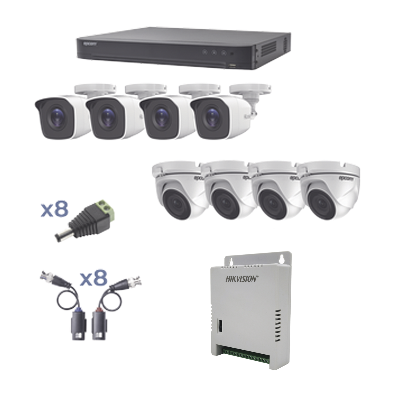 KIT TurboHD 1080p / DVR 8 Canales / 4 Cámaras Bala (exterior 2.8 mm) / 4 Cámaras Eyeball (exterior 2.8 mm) / Transceptores / Conectores / Fuente de Poder Profesional hasta 15 Vcc para Largas Distancias