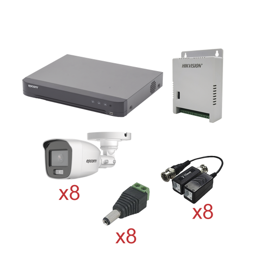 KIT TurboHD con Audio 1080p / DVR 8 Canales / 8 Cámaras Bala (exterior 2.8 mm) / Transceptores / Conectores / Fuente de Poder / AUDIO POR COAXITRON