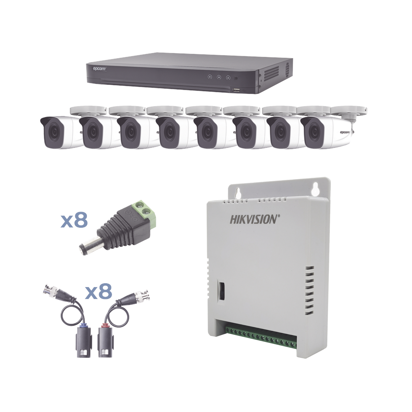 KIT TurboHD 1080p / DVR 8 Canales / 8 Cámaras Bala (exterior 2.8 mm) / Transceptores / Conectores / Fuente de Poder Profesional hasta 15 Vcc para Larga Distancias