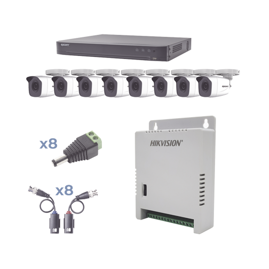 KIT TurboHD 1080p / DVR 8 Canales / 8 Cámaras Bala (exterior 2.8 mm) / Transceptores / Conectores / Fuente de Poder Profesional hasta 15 Vcc para Larga Distancias