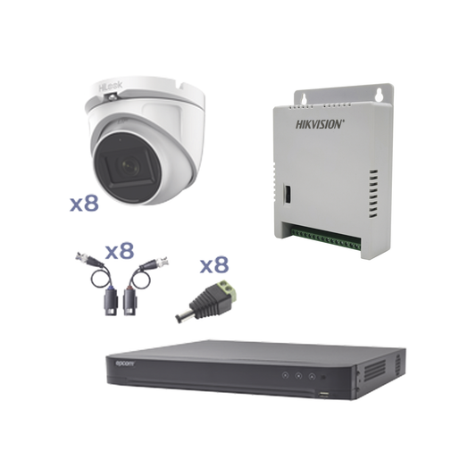 KIT TurboHD con Audio 1080p / DVR 8 Canales / 8 Cámaras Domo (exterior 2.8 mm) / Transceptores / Conectores / Fuente de Poder / AUDIO POR COAXITRON