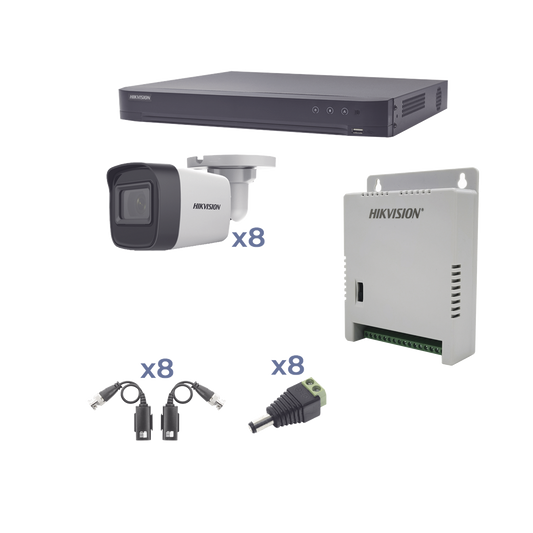 KIT TurboHD 1080p / DVR 8 Canales / 8 Cámaras Bala (exterior 2.8 mm) / Transceptores / Conectores / Fuente de Poder Profesional hasta 15 Vcc para Larga Distancia