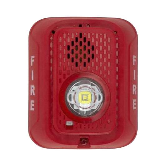 Sirena con Lámpara LED Estroboscópica / a 2 Hilos / Montaje en Pared / 12 o 24 Vcd / Configuración Estroboscópica Seleccionable / Texto en Inglés / Color Rojo