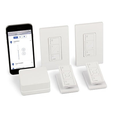 (Caseta Wireless) Kit Hub controlador, 2 atenuadores, 2 controles remotos, 2 base mesa y 2 tapas.