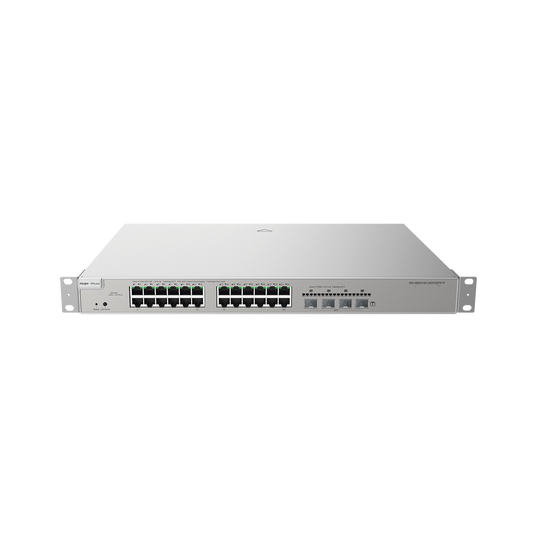 Switch Administrable Capa 3 con 24 puertos Gigabit PoE 802.3af/at + 4 SFP+ para fibra 10Gb, gestión gratuita desde la nube, 370w