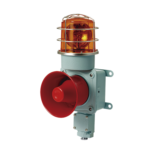 Combinación de luz de advertencia giratoria color Ámbar con bocina eléctrica para aplicaciones de la industria a 24 VCD, máx. 120 dB