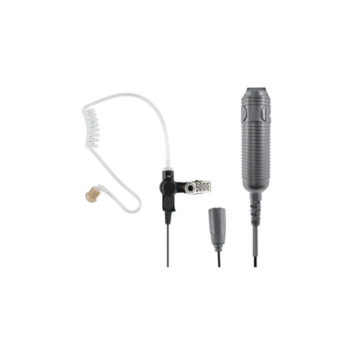 Heavy Duty 3-Wire Surveillance Kit: Features acoustic tube earphone with TWIST CONNECTOR, remote PTT switch and low-profile lapel microphone. Straight cable.