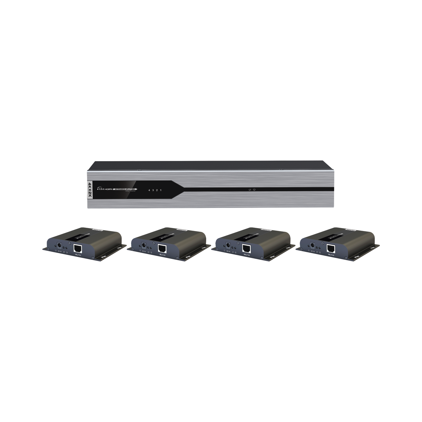 Kit Divisor y Extensor HDMI (Extender Splitter)  / Divide 1 Fuente HDMI a 4 Pantallas / Extiende la señal HDMI hasta 120 m / Resolución 4Kx2K @ 30 Hz / Cat 6/6a / Uso 24/7 / Longitud del cable autoajustable / Alimente solo el Tx (PoC).