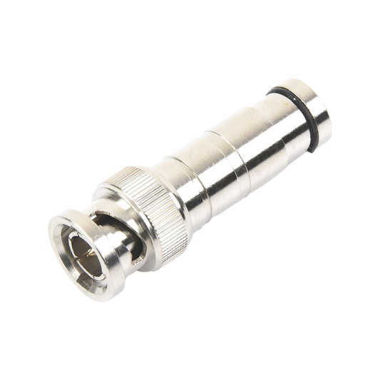 Conector BNC Macho en 75 Ohm, de Compresión Axial para Cable Coaxial RG-59/U, Níquel/ Oro/ Politetrafluoroetileno.